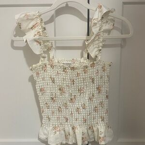 Reformation White Floral Smocked Crop Top